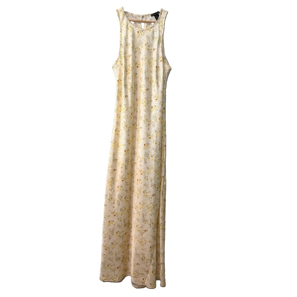 Christian Lacroix Maxi Dress Womens Large Yellow Floral Satin Sleeveless Cottage